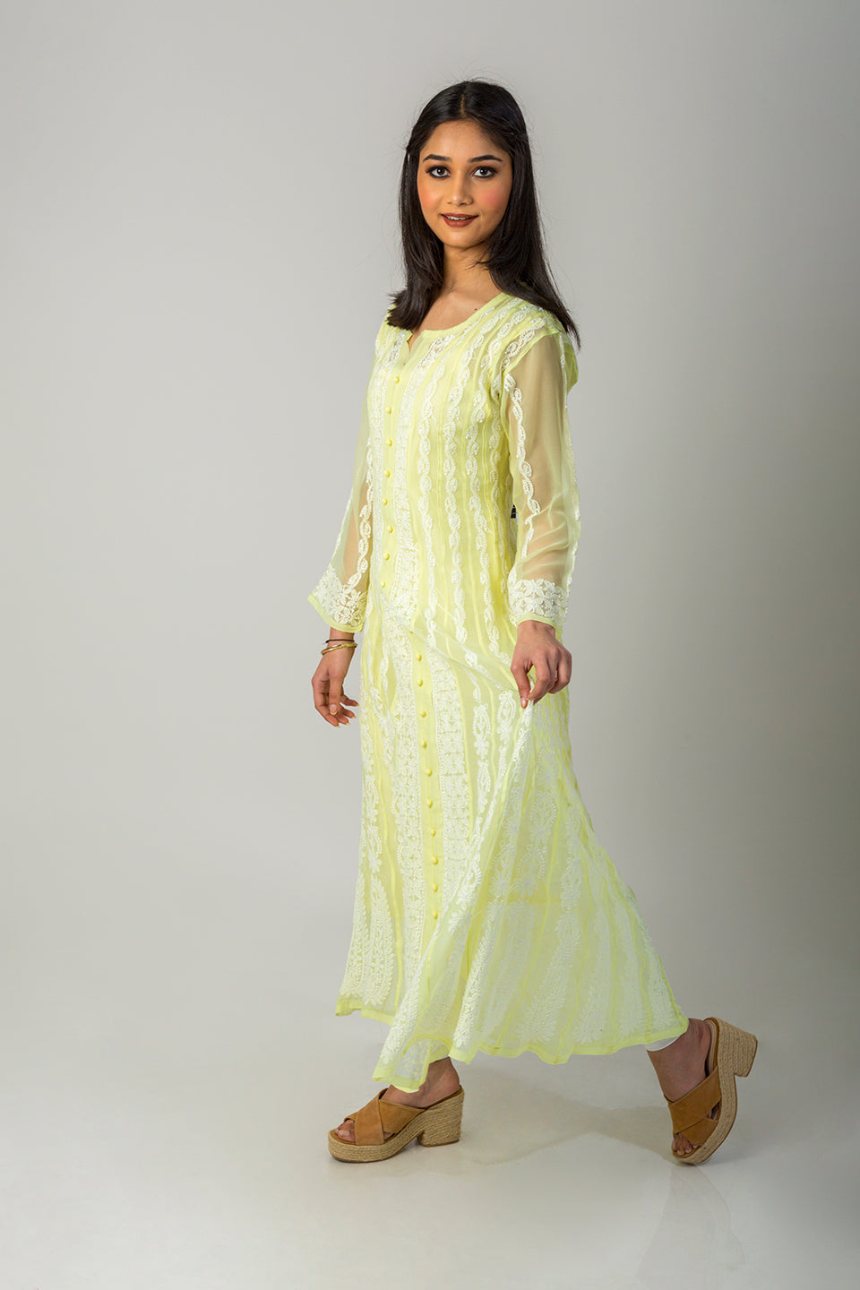 Lucknow Chikan Emporium Hand Chikankari Semi Georgette lemon yellow Anarkali Kurti