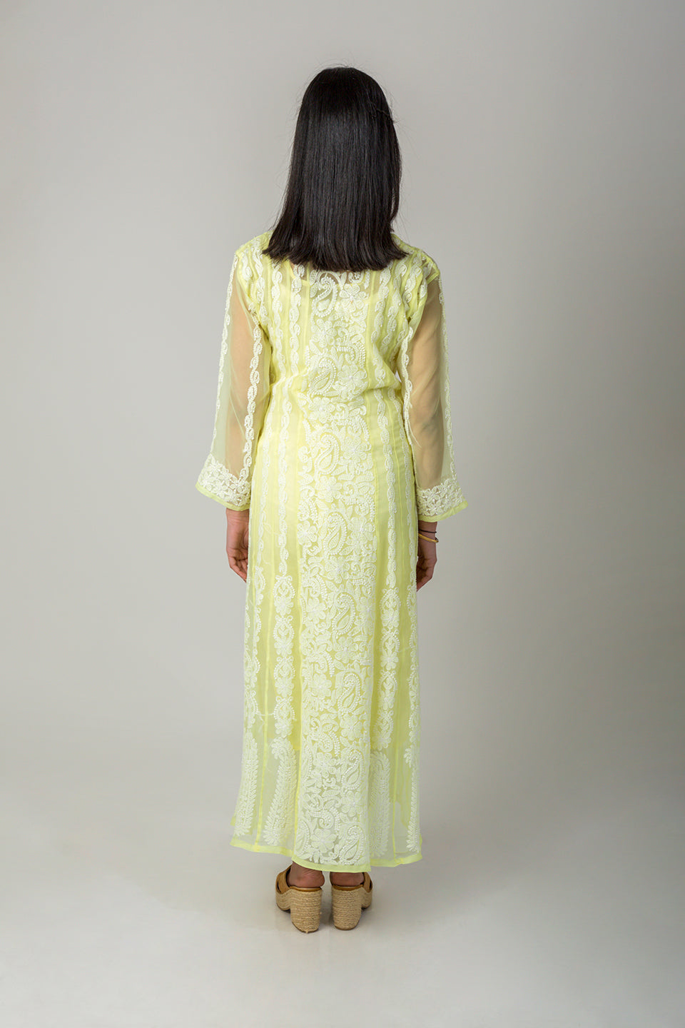 Lucknow Chikan Emporium Hand Chikankari Semi Georgette lemon yellow Anarkali Kurti