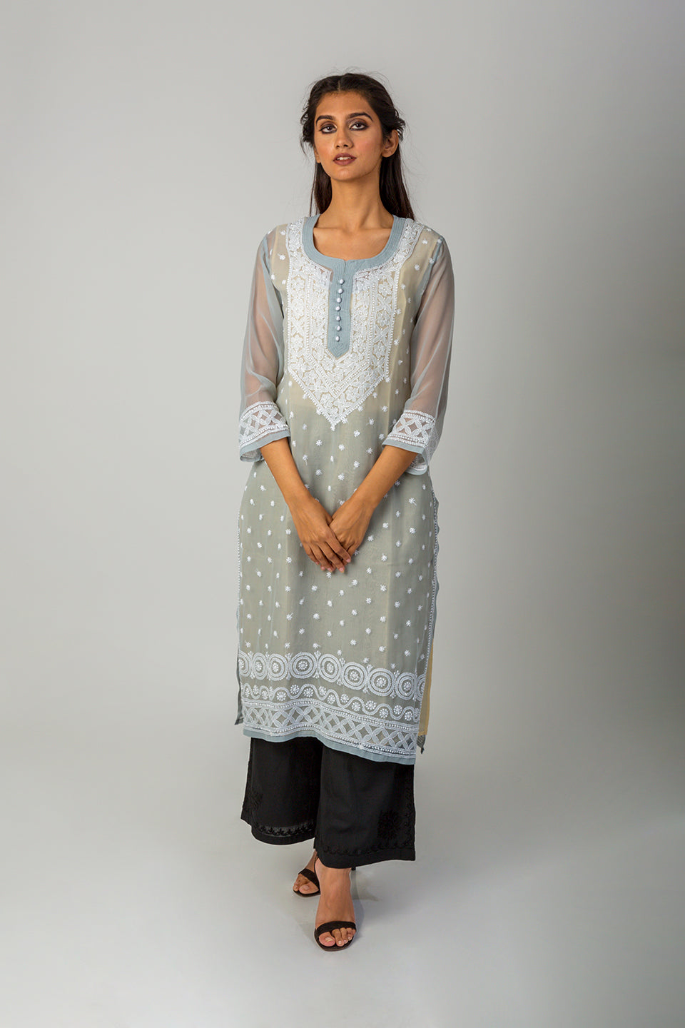 Lucknow Chikan Emporium Hand Semi Georgette chikankari Kurti (Grey)