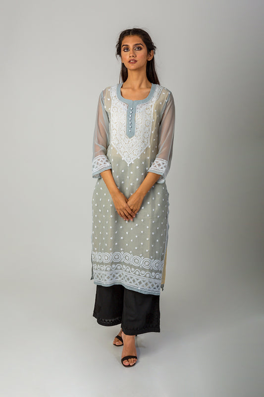 Lucknow Chikan Emporium Hand Semi Georgette chikankari Kurti (Grey)