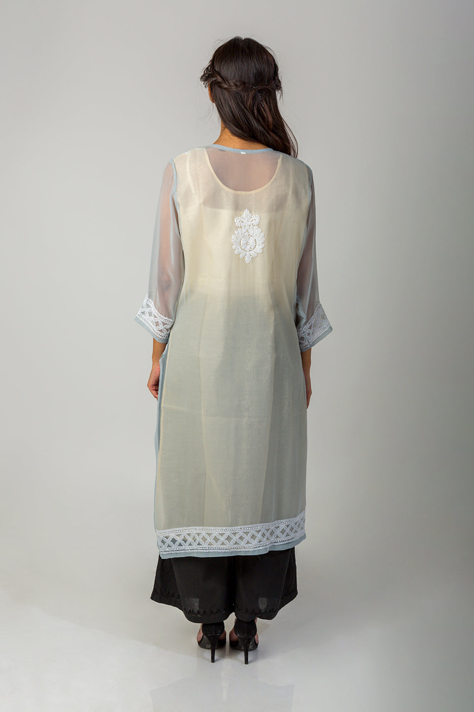 Lucknow Chikan Emporium Hand Semi Georgette chikankari Kurti (Grey)