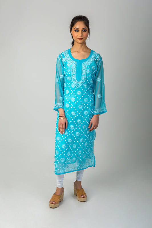 Nice (Froze Colour) Hand Chikankari Semi Georgette kurti Lucknow Chikan Emporium.