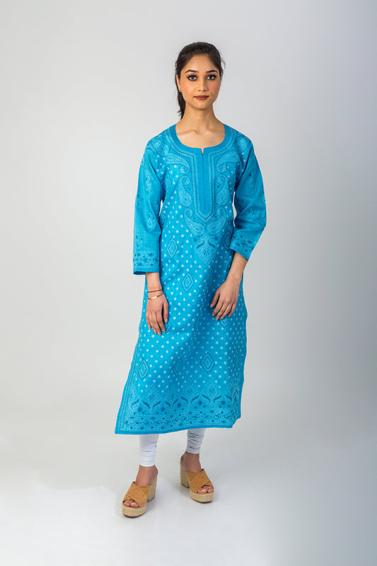 Hand Chikankari Cotton Silk Kurti Nice Blue Colour Lucknow Chikan Emporium