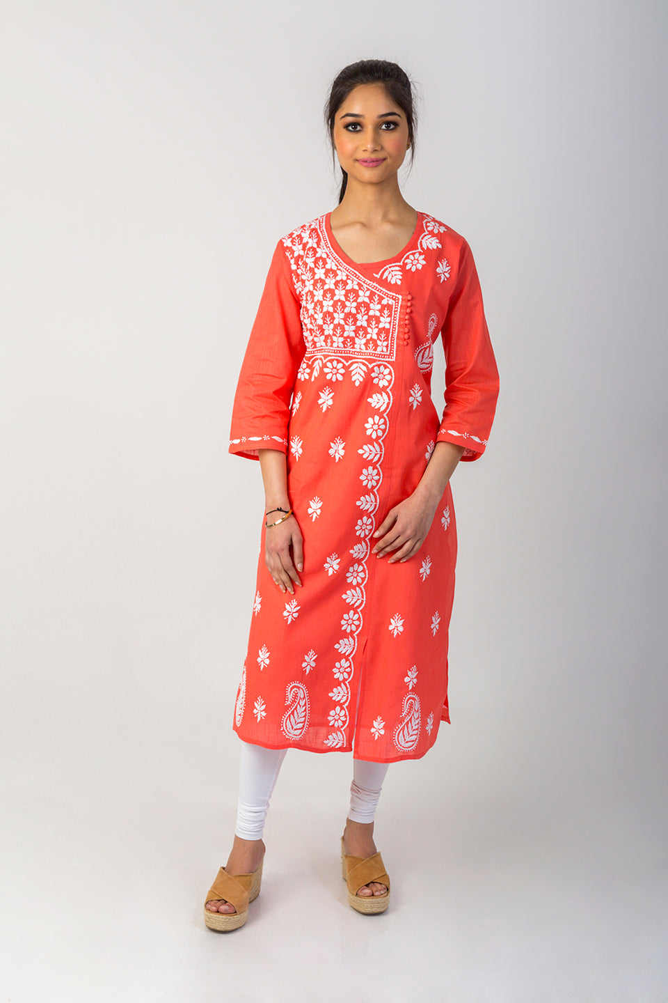 (Carrot Pink) Hand Chikankari cotton Kurti Lucknow Chikan Emporium.