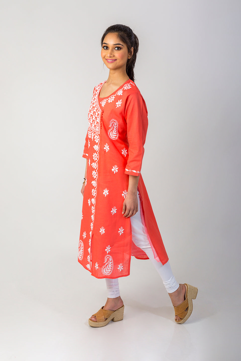 (Carrot Pink) Hand Chikankari cotton Kurti Lucknow Chikan Emporium.