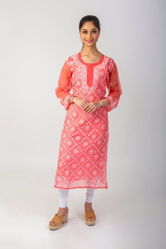 (Carrot Colour) Hand Chikankari Semi  Georgette kurti Lucknow Chikan Emporium.