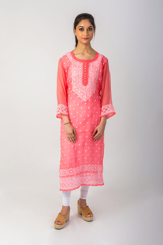 Lucknow Chikan Emporium Hand Semi Georgette Chikankari Kurti (carrot Pink)