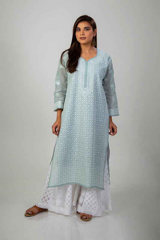 Lucknow Chikan Emporium Grey Chikan Kurti