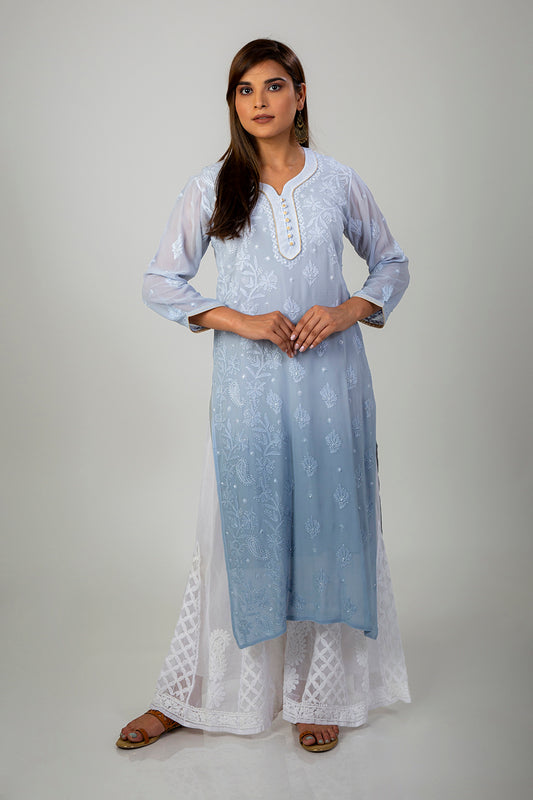 Lucknow Chikan Emprorium Hand Chikankari Kurti Skin friendly Viscose Georgette (Grey Shaded)