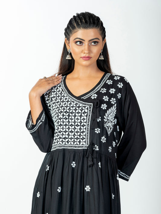 Hand Embroided Skin Freindly Cotton Rayon Chikankari Black Angarkha Lucknow Chikan Emporiu.