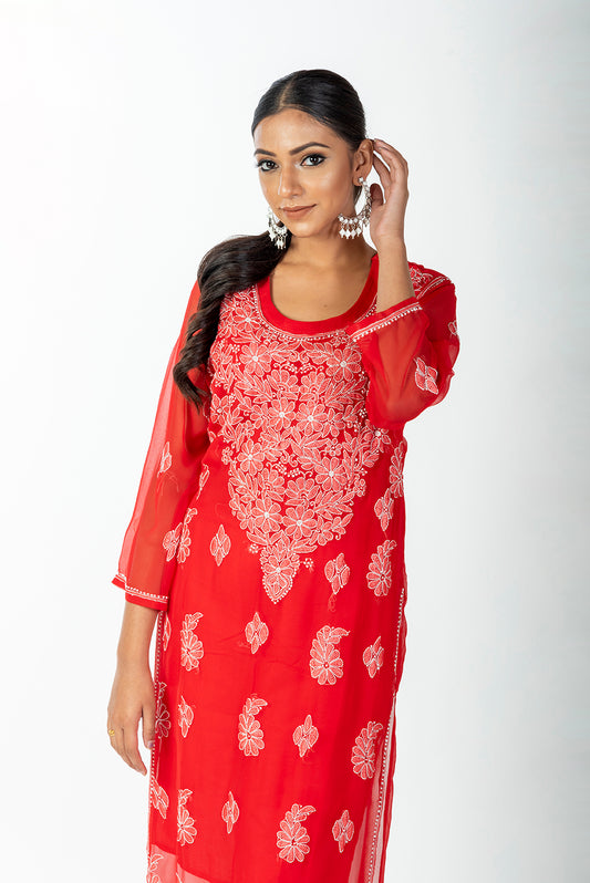 Red Semi Georgette Skin Friendly Hand Chikankari  Kurti  Lucknow Chikan Emporium