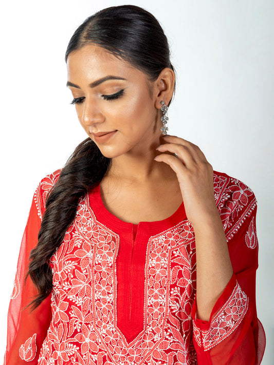 Hand Embroided Skin Friendly Semi Georgette Chikankari full jaal resham thread  Kurti Red Lucknow Chikan Emporium.