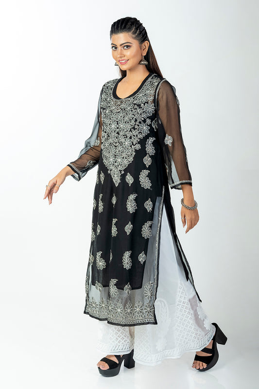 Black Semi Georgette Skin Friendly Hand Chikankari Kurti  Lucknow Chikan Emporium