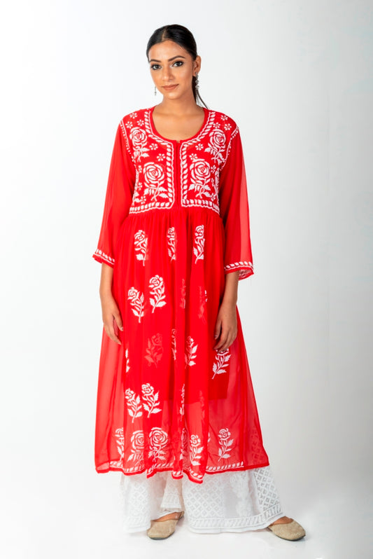 Nice Chikankari Red Colour Kurti Semi Georgette Lucknow Chikan Emporium.