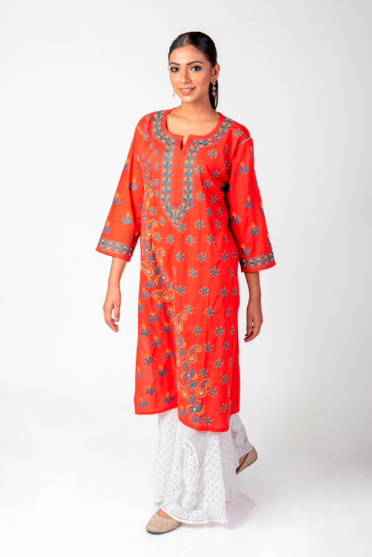 Nice Chikankari Red Colour Cotton Kurti Lucknow Chikan Emporium.