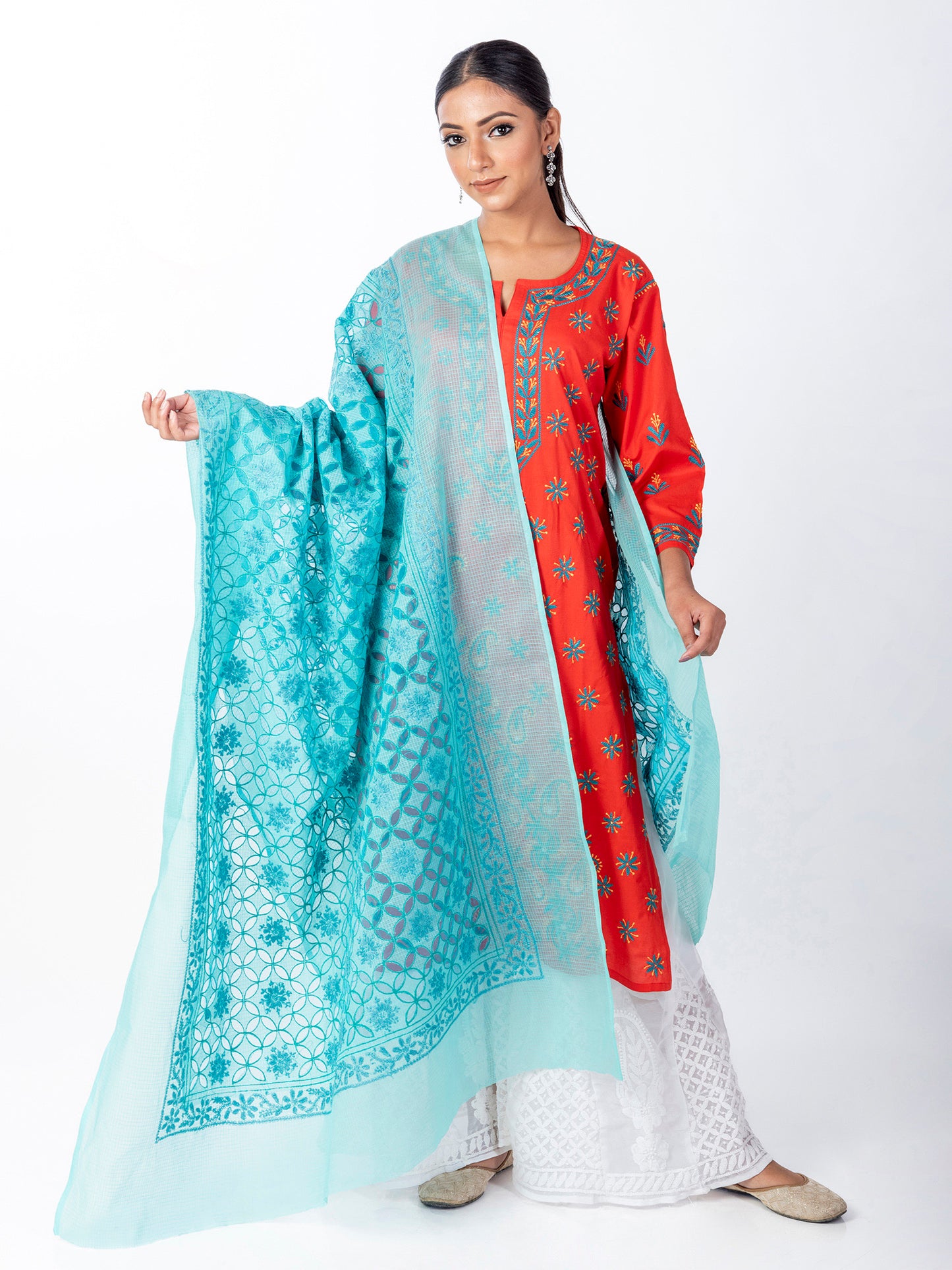 Lucknow Chikan Emporium Soft Cotton Sea Green Colour Dupatta.