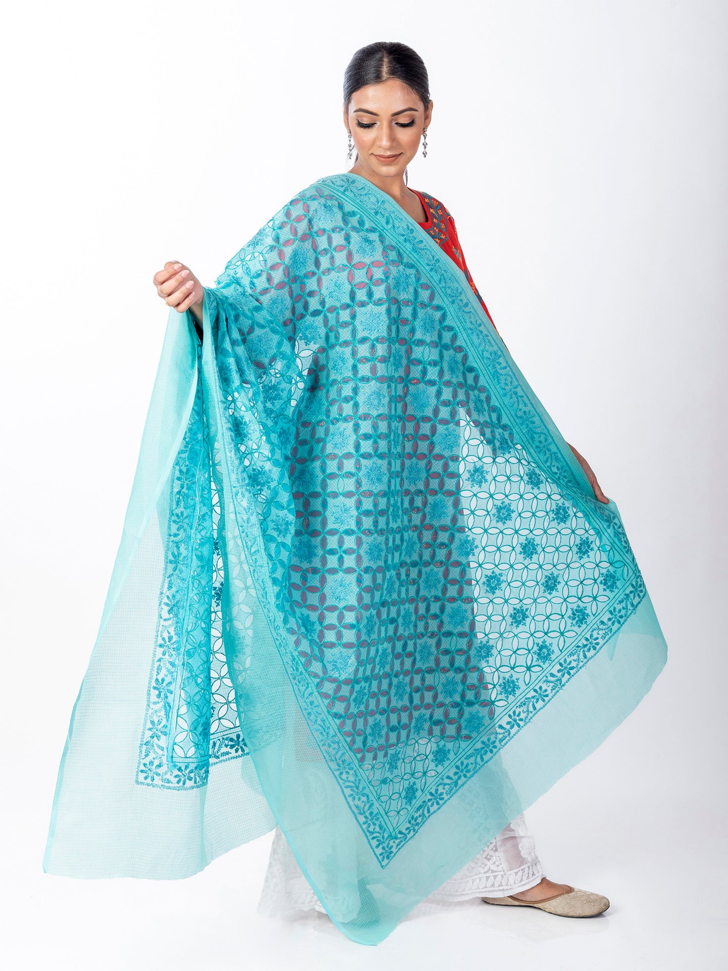 Lucknow Chikan Emporium Soft Cotton Sea Green Colour Dupatta.