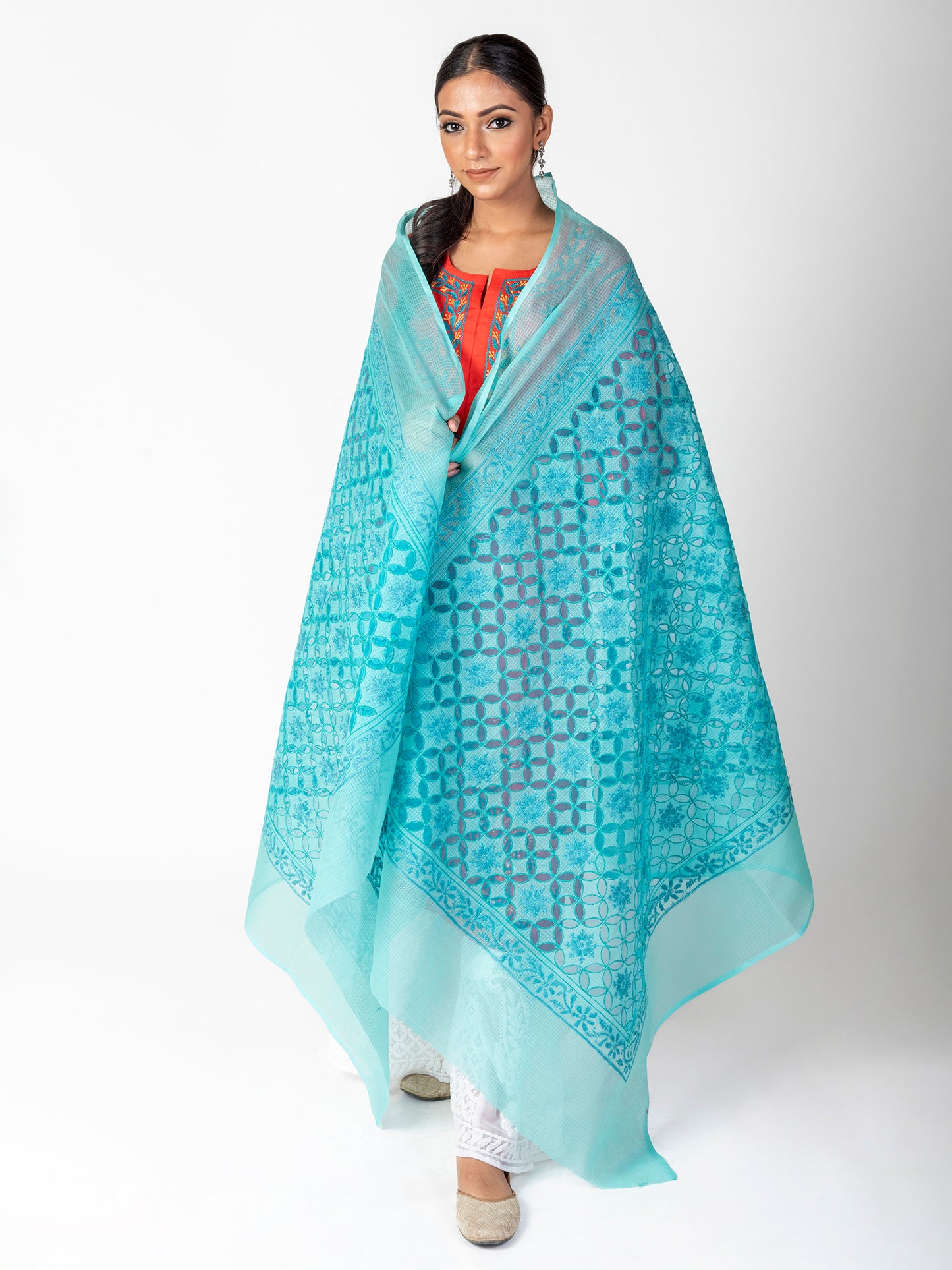 Lucknow Chikan Emporium Soft Cotton Sea Green Colour Dupatta.