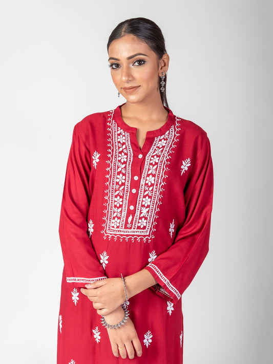 Super Soft Fine Rayon Chikankari Kurti Maroon Colour Lucknow Chikan Emporium.