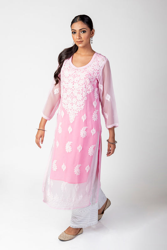 Pink semi georgette skin friendly Hand Chikankari Kurti White Resham Thread Lucknow Chikan Emporium