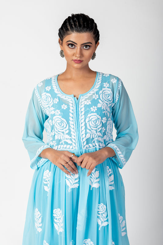 Semi Georgette Chikankari Kurti Blue Colour Lucknow Chikan Emporium.