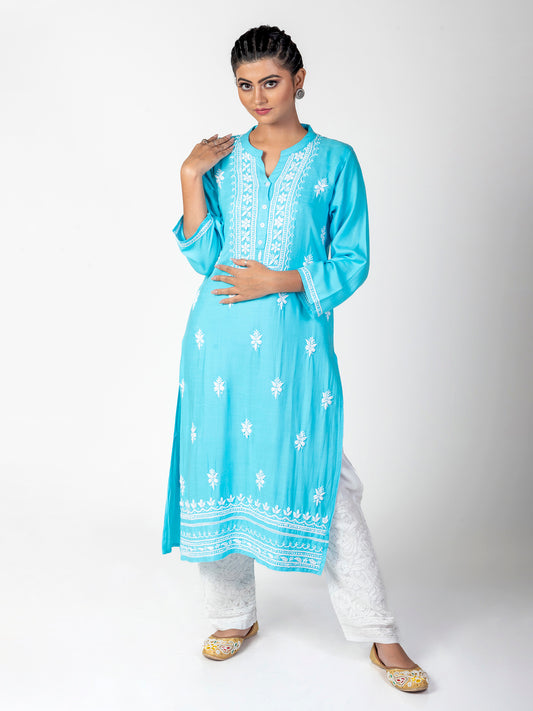 Super Soft Fine Rayon Chikankari Kurti Ferozi Colour Lucknow Chikan Emporium.