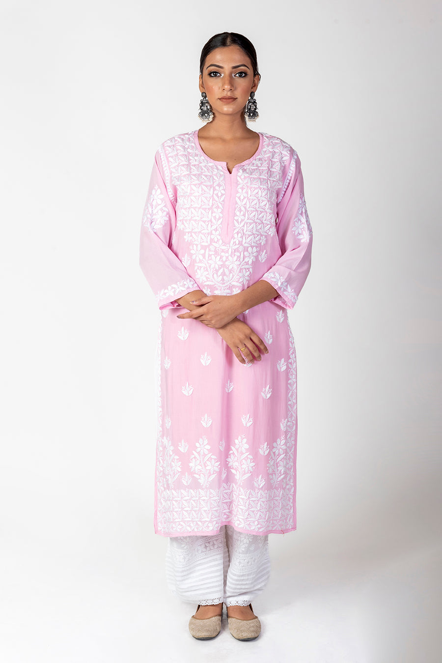 Super Soft Fine Modal  Chikankari Kurti Pink Colour Lucknow Chikan Emporium..