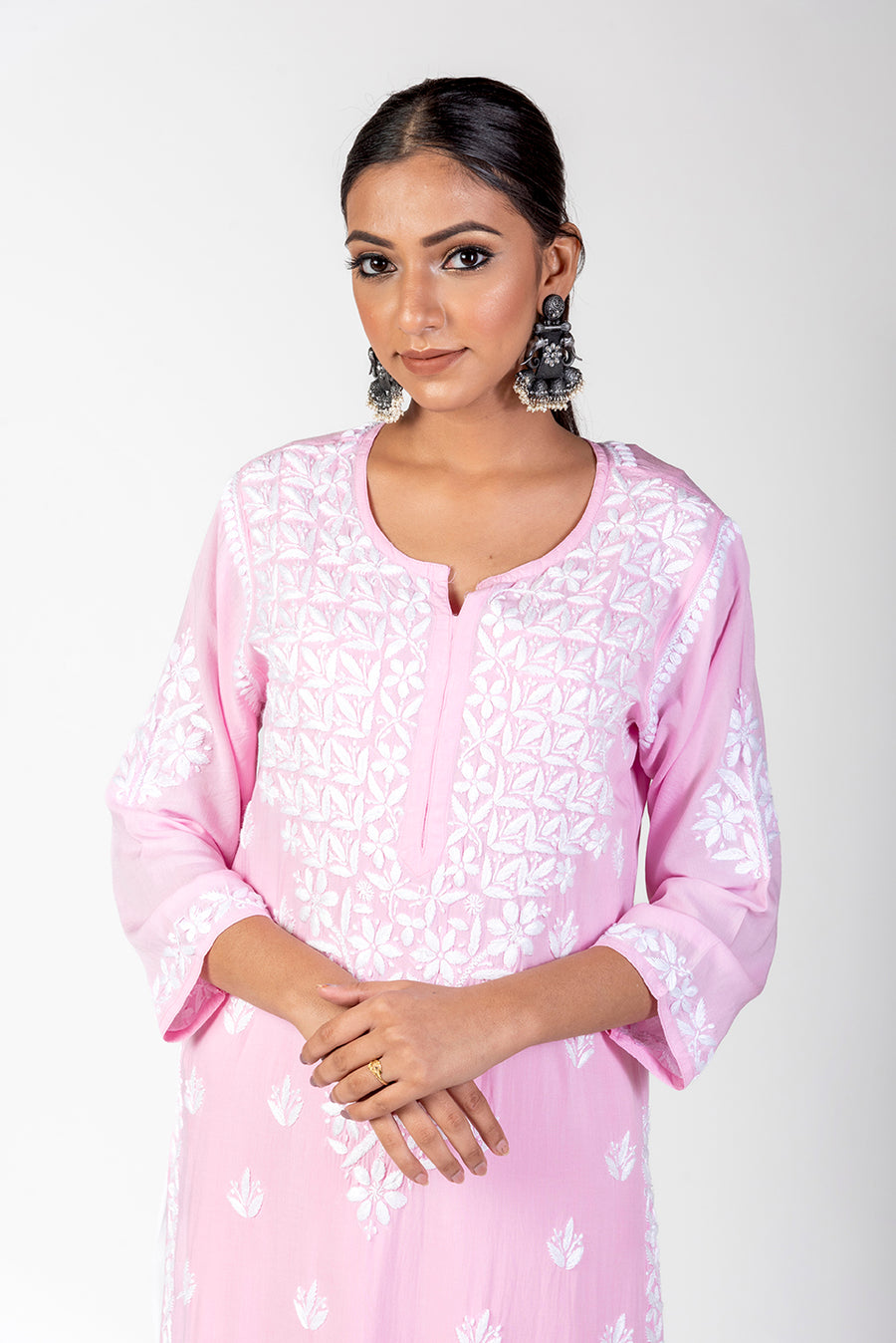 Super Soft Fine Modal  Chikankari Kurti Pink Colour Lucknow Chikan Emporium..