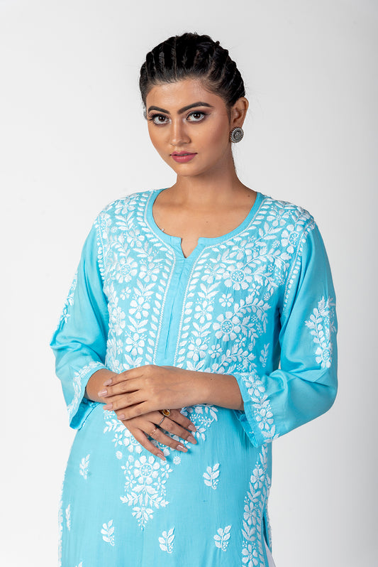 Super Soft Fine  Rayon Chikankari Kurti Blue Colour Lucknow Chikan Emporium.