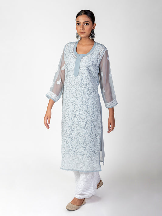 Hand Embroided Skin Friendly Semi Georgette Chikankari Kurti Grey Lucknow Chikan Emporium.