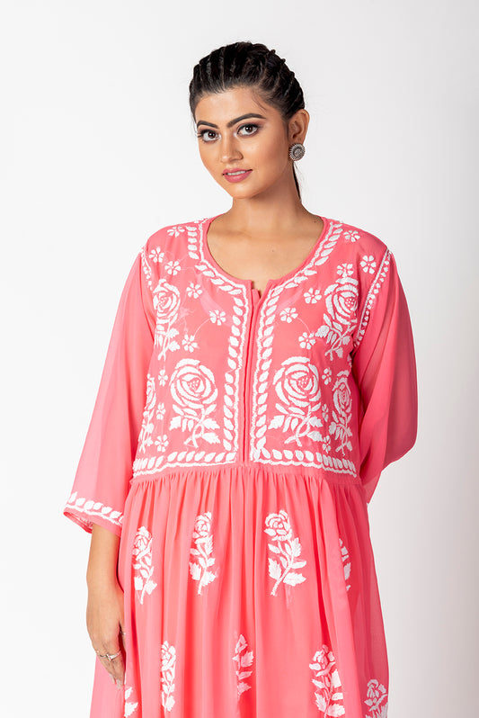 Semi Georgette Chikankari Kurti Carrot Pink Colour Lucknow Chikan Emporium.