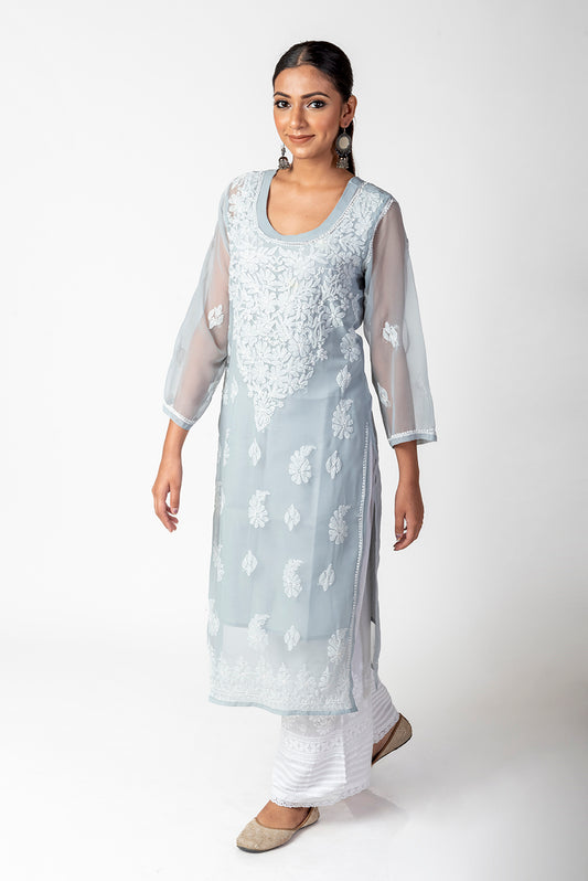 Grey Semi Georgette Skin Friendly Hand Chikankari Kurti  Lucknow Chikan Emporium