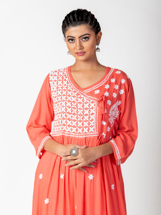 Hand Embroided Skin Freindly Cotton Rayon Chikankari Carrot Pink Angarkha Lucknow Chikan Emporium