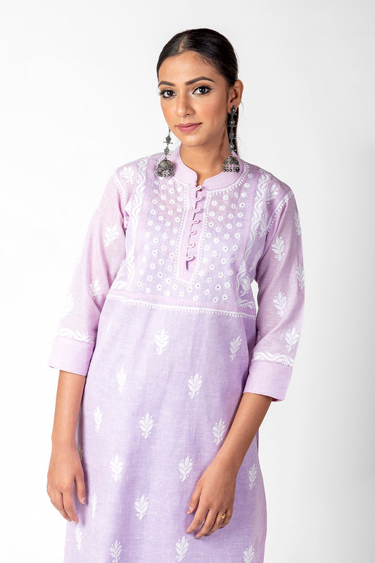 Skin Friendly Cotton Alinen Chikankari Kurti Nice Purple / Mauve Colour Lucknow Chikan Emporium.