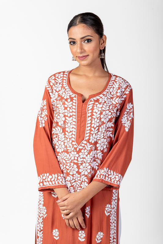 Super Soft Fine  Rayon  Chikankari Kurti Brown Colour Lucknow Chikan Emporium.