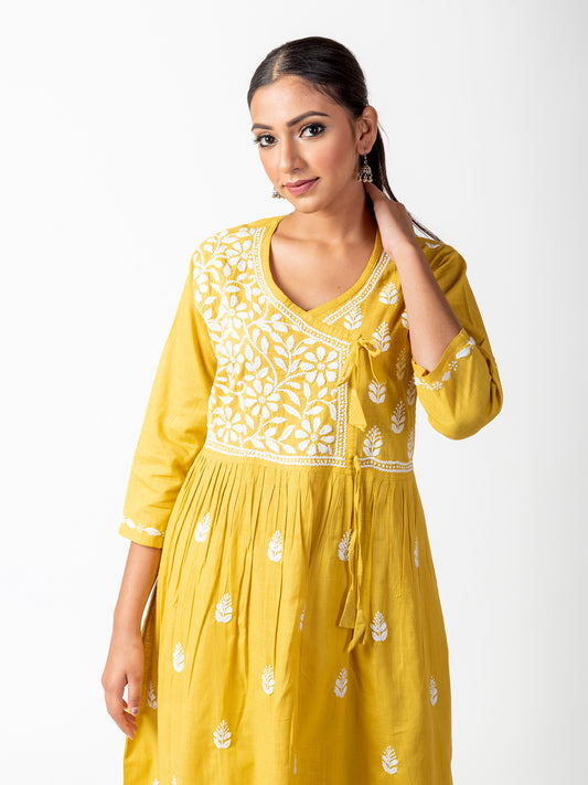 Lucknow Chikan Emporium Hand Embroided Skin Freindly Cotton Rayon Chikankari Mustard Yellow Angarkha.