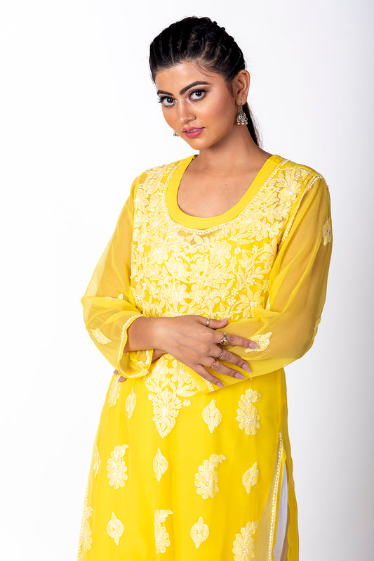 Yellow Semi Georgette Skin Friendly Hand Chikankari Kurti Lucknow Chikan Emporium