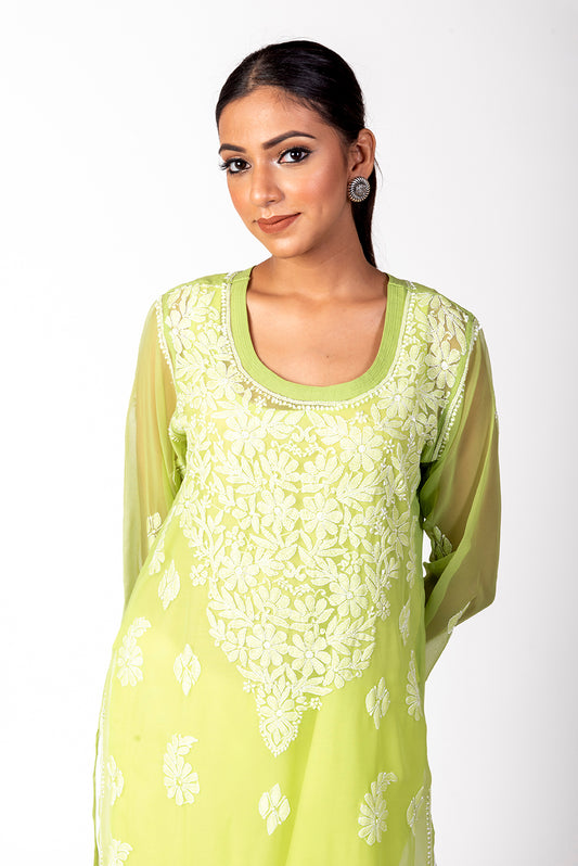 Leaf Green Semi Georgette Skin Friendly Hand Chikankari  Kurti  Lucknow Chikan Emporium