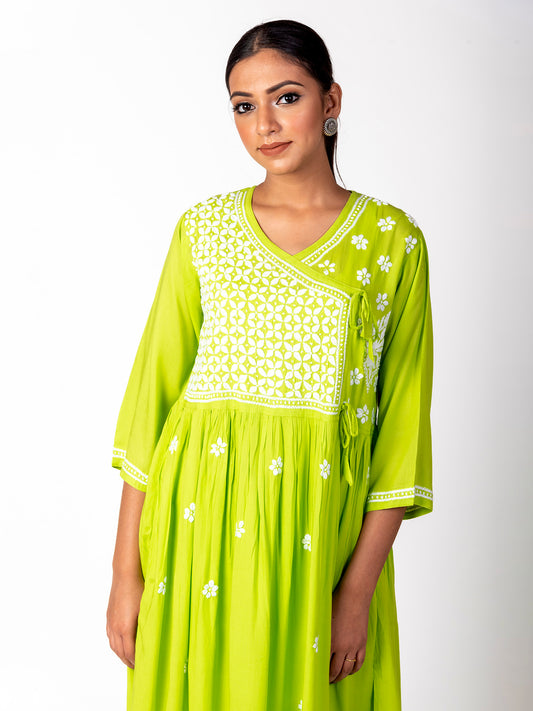 Hand Embroided Skin Freindly Cotton Rayon Chikankari Parrot Green Angarkha Lucknow Chikan Emporium.