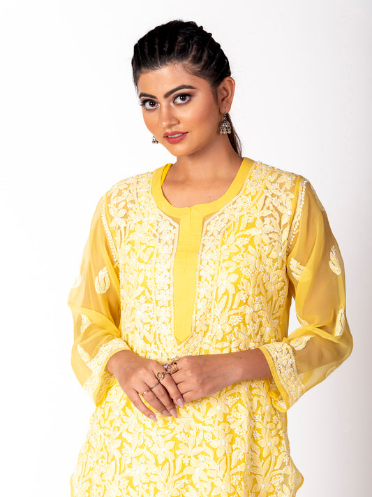 Hand Embroided Skin Friendly Semi Georgette Chikankari full jaal resham thread Kurti Yellow Lucknow Chikan Emporium.