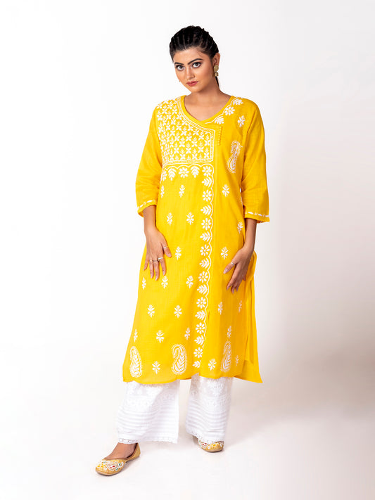 Hand Chikankari Kurti White Cotton Thread Lucknow Chikan Emporium.