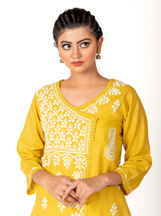 Lucknow Chikan Emporium Hand Chikankari yellow cotton Kurti .