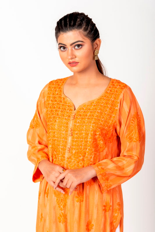 Nice Chikankari Orange Colour Cotton Kurti  Lucknow Chikan Emporium.