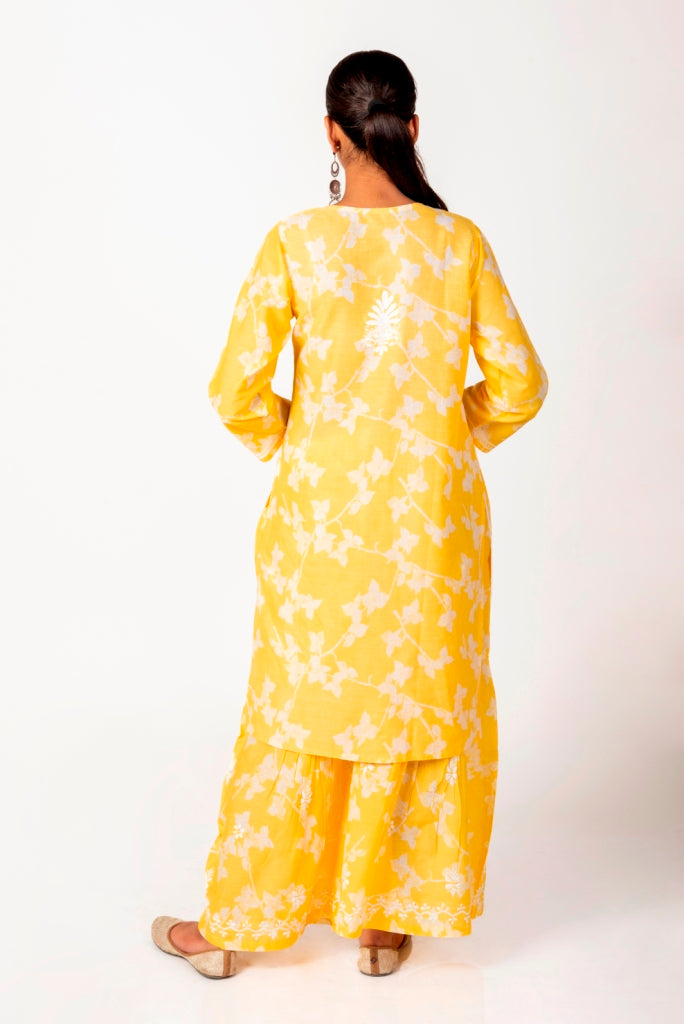 Soft Skin Friendly Pure Cotton Yellow Printed Palazoo Set With White Cotton Thread.