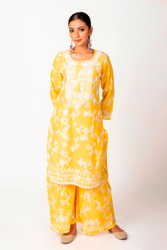 Soft Skin Friendly Pure Cotton Yellow Printed Palazoo Set With White Cotton Thread.