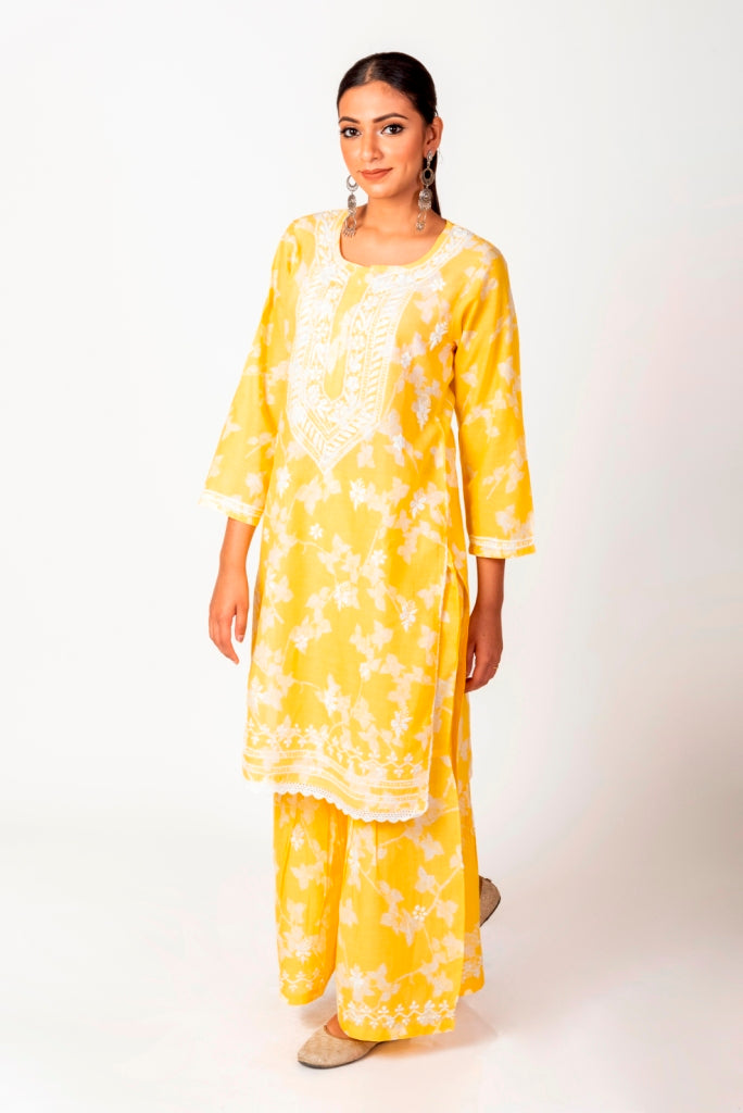 Soft Skin Friendly Pure Cotton Yellow Printed Palazoo Set With White Cotton Thread.