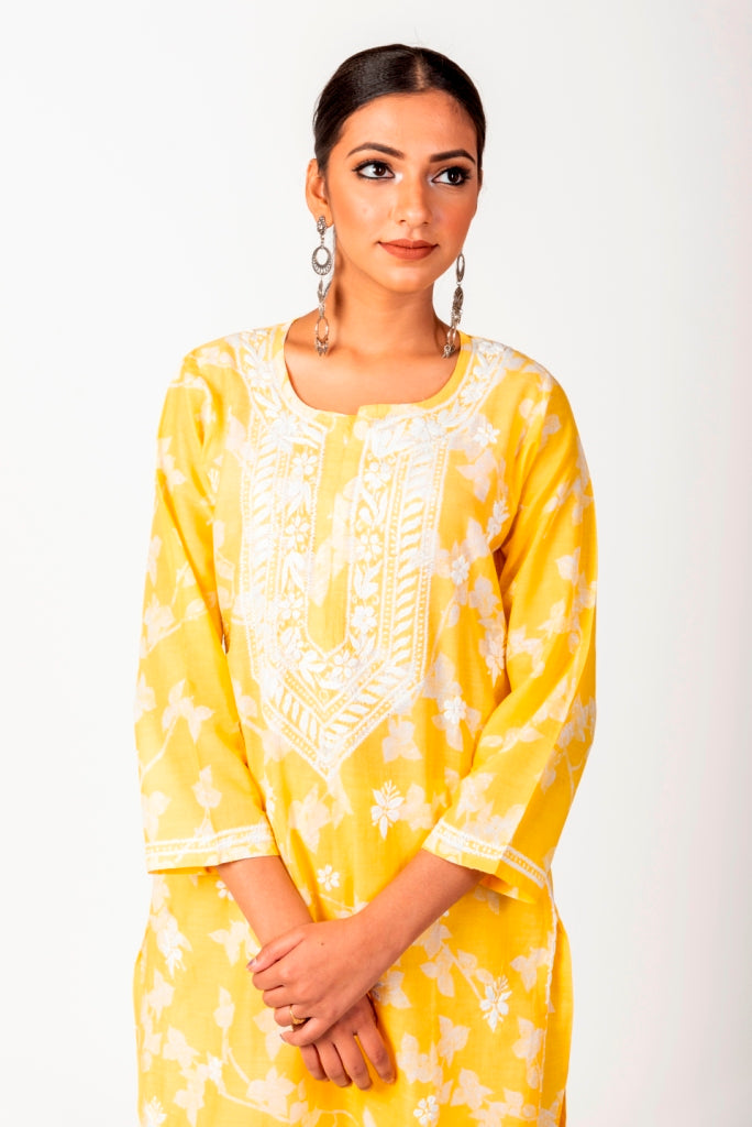 Soft Skin Friendly Pure Cotton Yellow Printed Palazoo Set With White Cotton Thread.