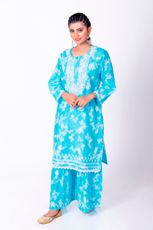 Soft Skin Friendly Pure Cotton Blue Printed Palazoo Set With White Cotton Thread.