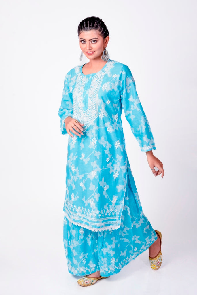 Soft Skin Friendly Pure Cotton Blue Printed Palazoo Set With White Cotton Thread.