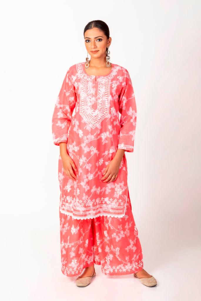 Soft Skin Friendly Pure Cotton Pink Printed Palazoo Set With White Cotton Thread.